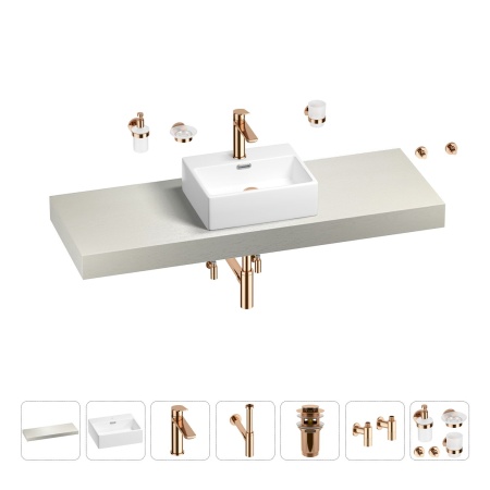 Раковина 43 см со столешницей 140 см Wellsee Graceful Pro 201012334 в наборе 10 в 1: столешница, раковина, смеситель, сифон, донный клапан, угловые вентили, аксессуары (цвет розовое золото)