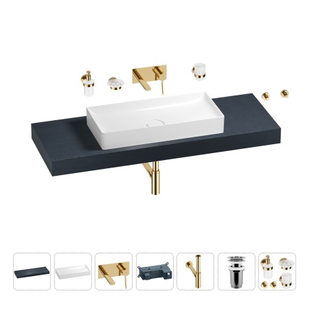 Раковина 75 см со столешницей 140 см Wellsee Pure BY Wellsee 201011828 в наборе 9 в 1: столешница, раковина, встраиваемый смеситель, сифон, выпуск, аксессуары (цвет набора золото)