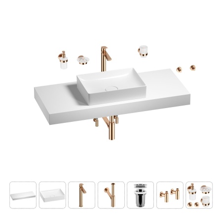 Раковина 50 см со столешницей 120 см Wellsee Pure BY Wellsee 201011394 в наборе 10 в 1: столешница, раковина, высокий смеситель, сифон, выпуск, кран-вентили, аксессуары (цвет розовое золото)