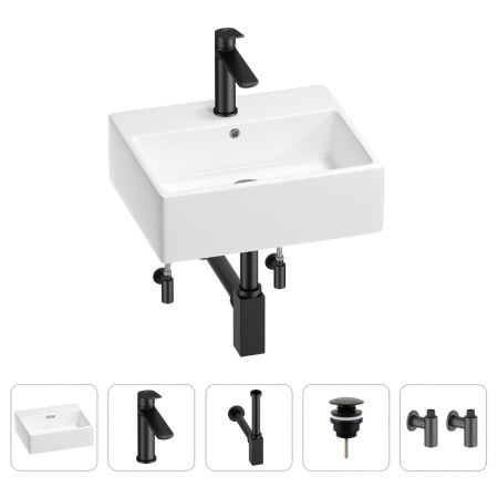 Раковина для ванной Wellsee Graceful Pro 201004587 в наборе 5 в 1: раковина белого глянцевого цвета, смеситель, сифон, донный клапан, угловые вентили (цвет набора матовый черный)