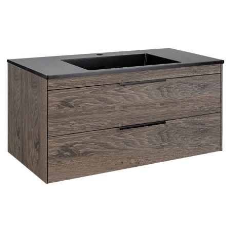 Тумба Vincea Chiara 2D 1000 подвесная, 2 выкатных ящика soft-close, R.Oak с умывальником VCB-13100B из кварца, цвет черный