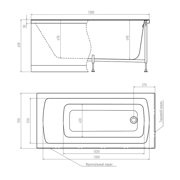 Акриловая ванна с каркасом Timo RITTA1570 1500х700