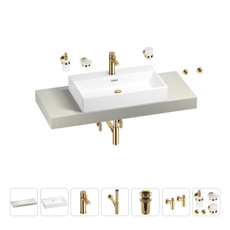 Раковина 70 см со столешницей 120 см Wellsee Graceful Pro 201012698 в наборе 10 в 1: столешница, раковина, смеситель, сифон, донный клапан, угловые вентили, аксессуары (цвет золото)