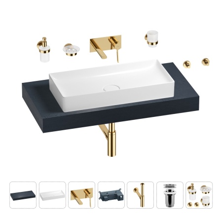Раковина 75 см со столешницей 100 см Wellsee Pure BY Wellsee 201011588 в наборе 9 в 1: столешница, раковина, встраиваемый смеситель, сифон, выпуск, аксессуары (цвет набора золото)