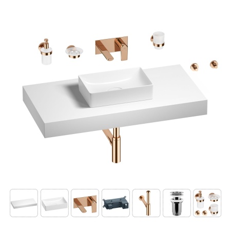 Раковина 42 см со столешницей 100 см Wellsee Pure BY Wellsee 201010869 в наборе 9 в 1: столешница, раковина, встраиваемый смеситель, сифон, выпуск, аксессуары (цвет набора розовое золото)