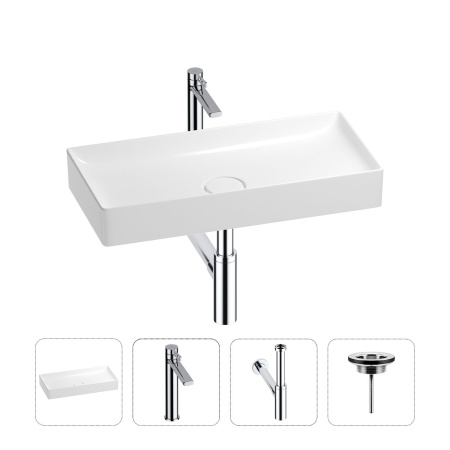 Раковина для ванной Wellsee Pure BY Wellsee 201002766 в наборе 4 в 1: раковина белого глянцевого цвета, высокий смеситель, сифон, выпуск (цвет набора хром)
