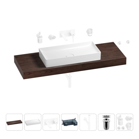 Раковина 75 см со столешницей 140 см Wellsee Pure BY Wellsee 201011870 в наборе 9 в 1: столешница, раковина, встраиваемый смеситель, сифон, выпуск, аксессуары (цвет набора матовый белый)