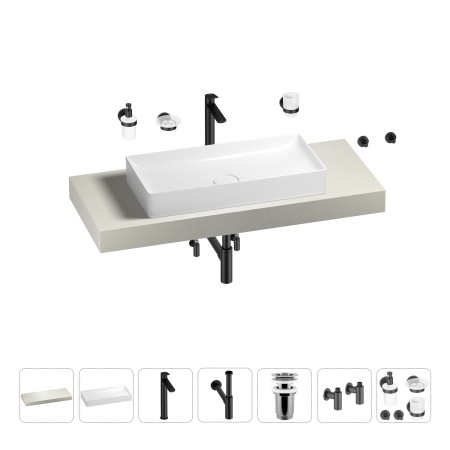 Раковина 75 см со столешницей 120 см Wellsee Pure BY Wellsee 201011672 в наборе 10 в 1: столешница, раковина, высокий смеситель, сифон, выпуск, кран-вентили, аксессуары (цвет матовый черный)