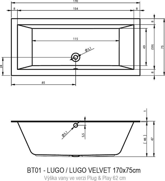 Акриловая ванна Riho Lugo Plug&Play 170х75 L BD6200500000000