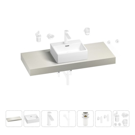 Раковина 43 см со столешницей 120 см Wellsee Graceful Pro 201012275 в наборе 10 в 1: столешница, раковина, смеситель, сифон, донный клапан, угловые вентили, аксессуары (цвет матовый белый)