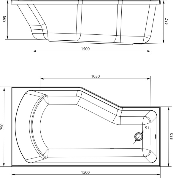 Акриловая ванна STWORKI Кронборг R 150x75 см, правая, пристенная, белая, шестиугольная, на ножках