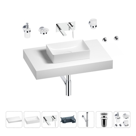 Раковина 42 см со столешницей 80 см Wellsee Pure BY Wellsee 201010781 в наборе 9 в 1: столешница, раковина, встраиваемый смеситель, сифон, выпуск, аксессуары (цвет набора хром)