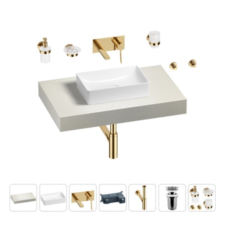 Раковина 42 см со столешницей 80 см Wellsee Pure BY Wellsee 201010723 в наборе 9 в 1: столешница, раковина, встраиваемый смеситель, сифон, выпуск, аксессуары (цвет набора золото)
