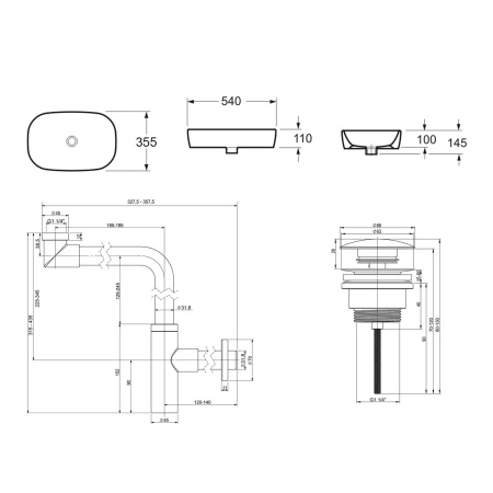 Комплект 3 в 1 Lavinia Boho Bathroom Sink 21520102: накладная фарфоровая раковина 54 см, металлический сифон, донный клапан
