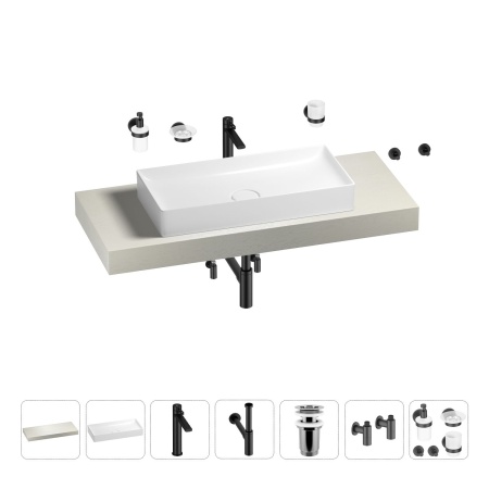 Раковина 75 см со столешницей 120 см Wellsee Pure BY Wellsee 201011677 в наборе 10 в 1: столешница, раковина, высокий смеситель, сифон, выпуск, кран-вентили, аксессуары (цвет матовый черный)