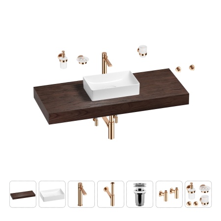Раковина 42 см со столешницей 120 см Wellsee Pure BY Wellsee 201010939 в наборе 10 в 1: столешница, раковина, высокий смеситель, сифон, выпуск, кран-вентили, аксессуары (цвет розовое золото)