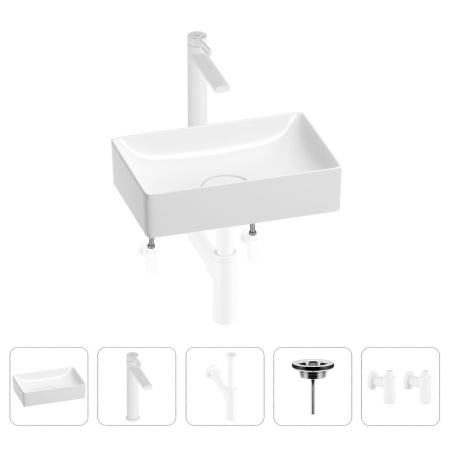Раковина для ванной Wellsee Pure BY Wellsee 201004370 в наборе 5 в 1: раковина белого глянцевого цвета, высокий смеситель, сифон, выпуск, угловые вентили (цвет набора матовый белый)