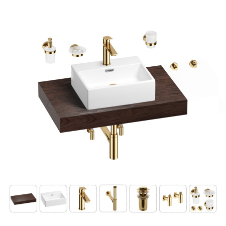 Раковина 43 см со столешницей 80 см Wellsee Graceful Pro 201012183 в наборе 10 в 1: столешница, раковина, смеситель, сифон, донный клапан, угловые вентили, аксессуары (цвет золото)