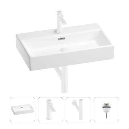 Раковина для ванной Wellsee Graceful Pro 201002980 в наборе 4 в 1: раковина белого глянцевого цвета, смеситель, сифон, донный клапан (цвет набора матовый белый)
