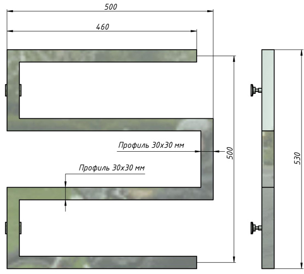 Полотенцесушитель водяной Stinox Ultra 500x500, боковое подключение, хром, 1/2" ВР (внутренняя резьба), 4 перекладины