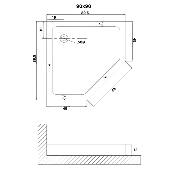 Душевой поддон NG-P9090-14D (90х90х13) трапеция,1 место