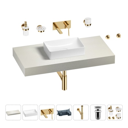 Раковина 42 см со столешницей 100 см Wellsee Pure BY Wellsee 201010813 в наборе 9 в 1: столешница, раковина, встраиваемый смеситель, сифон, выпуск, аксессуары (цвет набора золото)