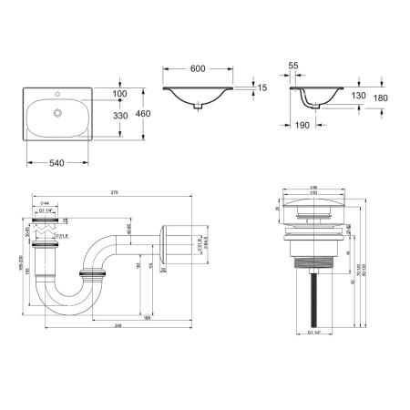Комплект 3 в 1 Lavinia Boho Bathroom Sink 21520434: врезная фарфоровая раковина 60 см, металлический сифон, донный клапан