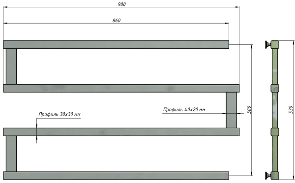Полотенцесушитель водяной Stinox Optima 900x500, боковое подключение, хром, 1/2" ВР (внутренняя резьба), 4 перекладины
