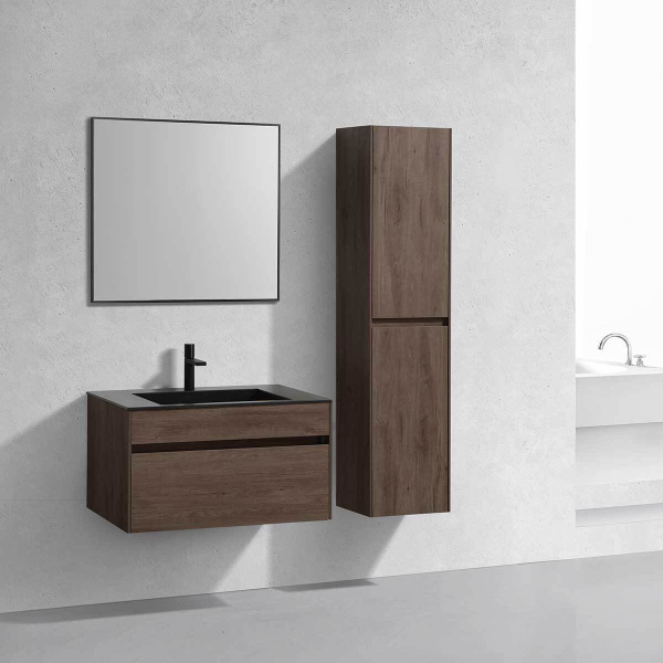 Тумба Vincea Chiara 800 подвесная, 1 выкатной ящик soft-close, R.Oak с умывальником VCB-13800B из кварца, цвет черный