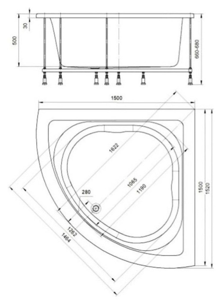 Акриловая ванна Aquatek Юпитер 150x150 UPT150-0000005 с гидромассажем