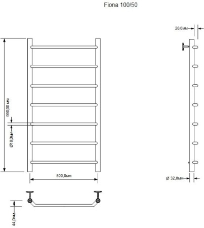 Полотенцесушитель водяной Aquanet Fiona 1000x500, хром