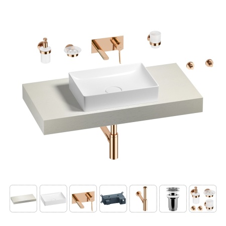Раковина 50 см со столешницей 100 см Wellsee Pure BY Wellsee 201011209 в наборе 9 в 1: столешница, раковина, встраиваемый смеситель, сифон, выпуск, аксессуары (цвет набора розовое золото)