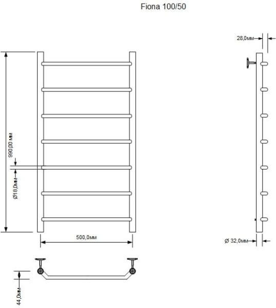 Полотенцесушитель водяной Aquanet Fiona 1000x500, хром