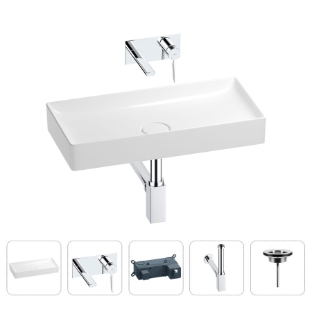 Раковина для ванной Wellsee Pure BY Wellsee 201002736 в наборе 4 в 1: раковина белого глянцевого цвета, встраиваемый смеситель, сифон, выпуск (цвет набора хром)