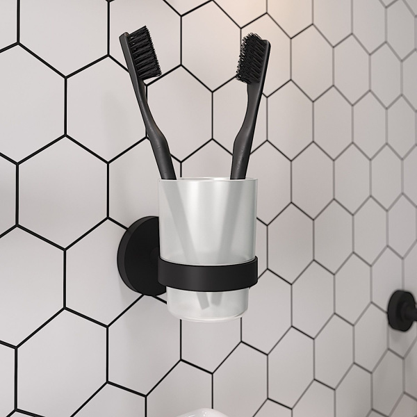 Стеклянный стакан для зубных щеток и пасты с латунным настенным держателем Wellsee Finishing Touch 182507000 (цвет стакана матовый, цвет держателя черный матовый)