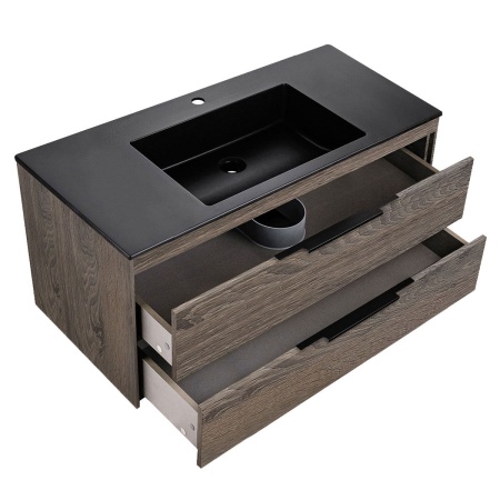 Тумба Vincea Chiara 2D 1000 подвесная, 2 выкатных ящика soft-close, R.Oak с умывальником VCB-13100B из кварца, цвет черный