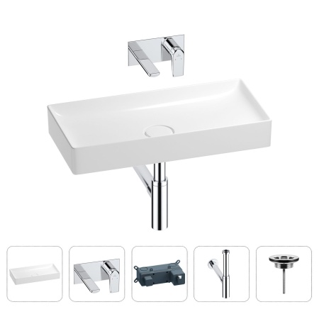 Раковина для ванной Wellsee Pure BY Wellsee 201002771 в наборе 4 в 1: раковина белого глянцевого цвета, встраиваемый смеситель, сифон, выпуск (цвет набора хром)