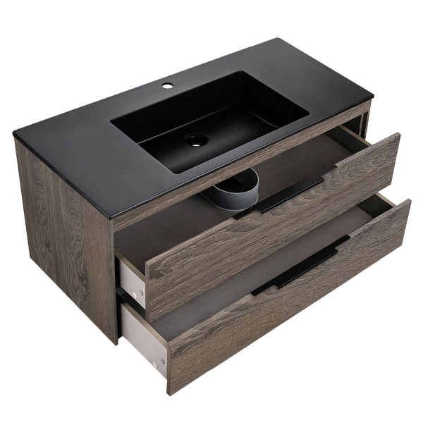 Тумба Vincea Chiara 2D 1000 подвесная, 2 выкатных ящика soft-close, R.Oak с умывальником VCB-13100B из кварца, цвет черный