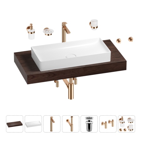 Раковина 75 см со столешницей 100 см Wellsee Pure BY Wellsee 201011614 в наборе 10 в 1: столешница, раковина, высокий смеситель, сифон, выпуск, кран-вентили, аксессуары (цвет розовое золото)