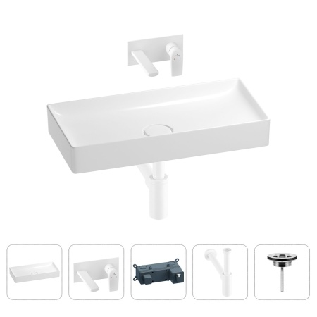 Раковина для ванной Wellsee Pure BY Wellsee 201002715 в наборе 4 в 1: раковина белого глянцевого цвета, встраиваемый смеситель, сифон, выпуск (цвет набора матовый белый)