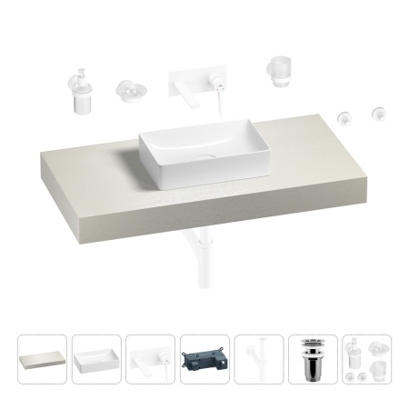 Раковина 42 см со столешницей 100 см Wellsee Pure BY Wellsee 201010815 в наборе 9 в 1: столешница, раковина, встраиваемый смеситель, сифон, выпуск, аксессуары (цвет набора матовый белый)