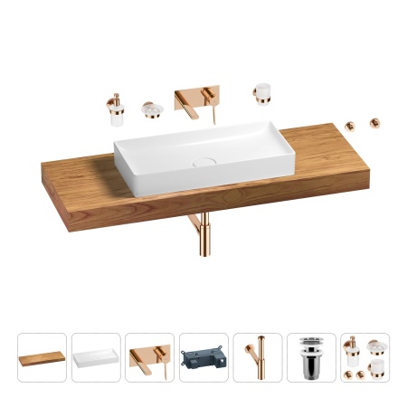 Раковина 75 см со столешницей 140 см Wellsee Pure BY Wellsee 201011849 в наборе 9 в 1: столешница, раковина, встраиваемый смеситель, сифон, выпуск, аксессуары (цвет набора розовое золото)