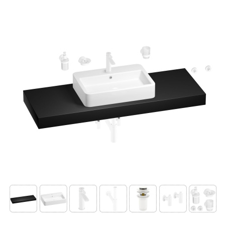 Раковина 60 см со столешницей 140 см Wellsee Halcyon 201012150 в наборе 10 в 1: столешница, раковина, смеситель, сифон, донный клапан, угловые вентили, аксессуары (цвет матовый белый)