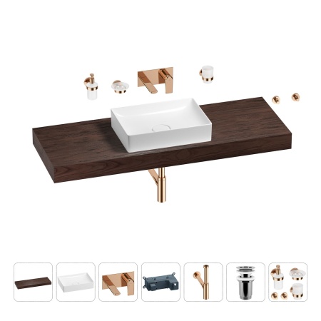 Раковина 50 см со столешницей 140 см Wellsee Pure BY Wellsee 201011504 в наборе 9 в 1: столешница, раковина, встраиваемый смеситель, сифон, выпуск, аксессуары (цвет набора розовое золото)