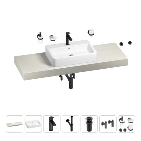 Раковина 60 см со столешницей 140 см Wellsee Halcyon 201012092 в наборе 10 в 1: столешница, раковина, смеситель, сифон, донный клапан, угловые вентили, аксессуары (цвет матовый черный)