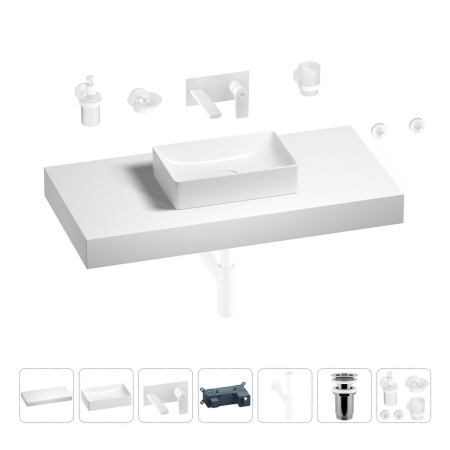 Раковина 42 см со столешницей 100 см Wellsee Pure BY Wellsee 201010870 в наборе 9 в 1: столешница, раковина, встраиваемый смеситель, сифон, выпуск, аксессуары (цвет набора матовый белый)