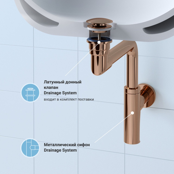 Раковина для ванной Wellsee Bisou 201005219 в наборе 5 в 1: раковина белого глянцевого цвета, смеситель, сифон, донный клапан, угловые вентили (цвет набора розовое золото)