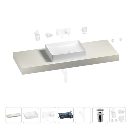 Раковина 50 см со столешницей 140 см Wellsee Pure BY Wellsee 201011450 в наборе 9 в 1: столешница, раковина, встраиваемый смеситель, сифон, выпуск, аксессуары (цвет набора матовый белый)