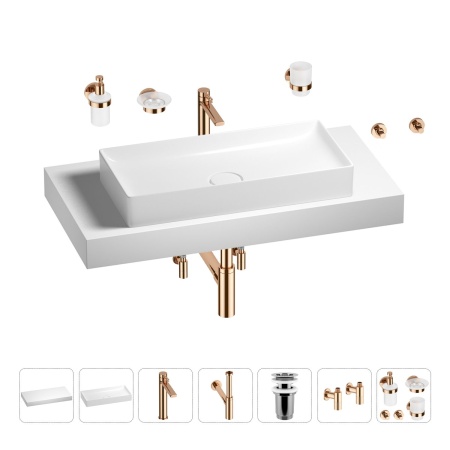 Раковина 75 см со столешницей 100 см Wellsee Pure BY Wellsee 201011639 в наборе 10 в 1: столешница, раковина, высокий смеситель, сифон, выпуск, кран-вентили, аксессуары (цвет розовое золото)