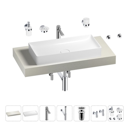 Раковина 75 см со столешницей 100 см Wellsee Pure BY Wellsee 201011556 в наборе 10 в 1: столешница, раковина, высокий смеситель, сифон, выпуск, кран-вентили, аксессуары (цвет хром)